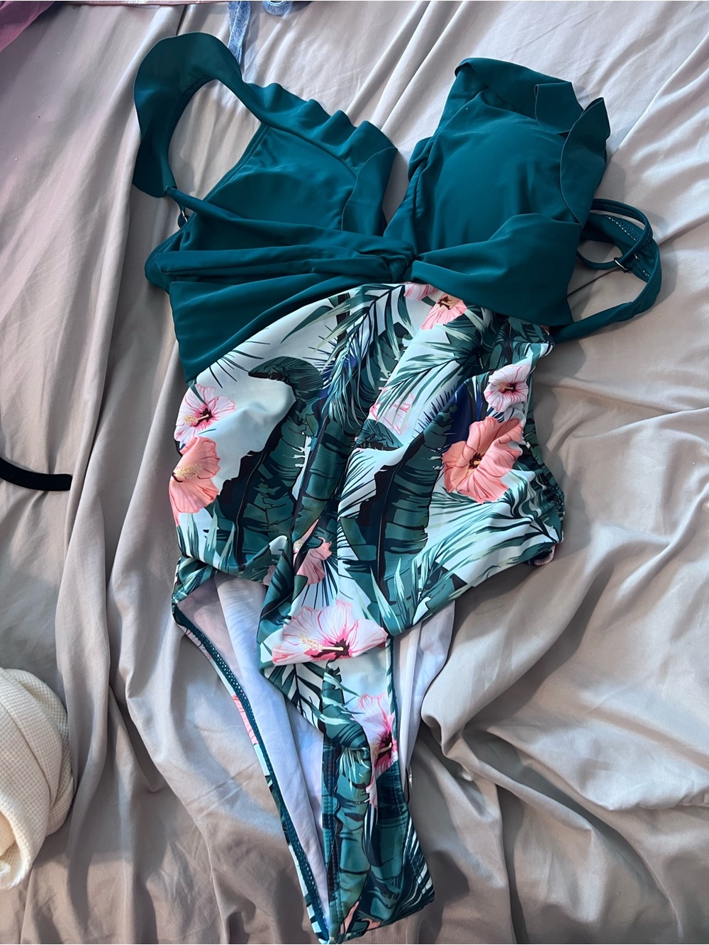 PatPat Teal Tropical Floral One-Piece Swimsuit with Pink Accents
